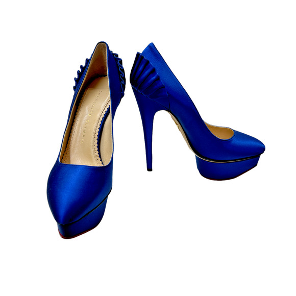 NEW CHARLOTTE OLYMPIA PALOMA BLUE SILK SATIN PLATFORM PUMPS US